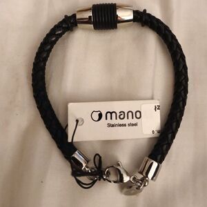 NWT Mano stainless steel braided leather 8" mens bracelet